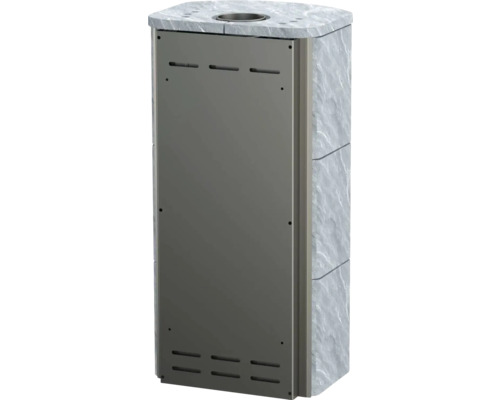 Șemineu cu placare din piatră și inserție metalică