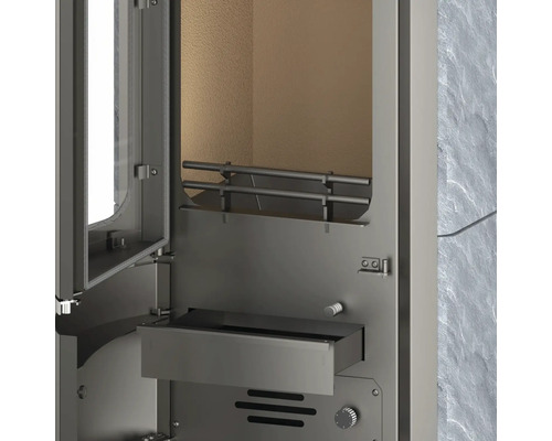 Vedere detaliată a unui șemineu cu focar deschis, cenușar și elemente de control