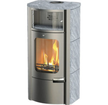 Șemineu cu placare din piatră și fereastră de sticlă pentru a observa focul