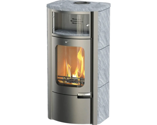 Șemineu cu placare din piatră și fereastră de sticlă pentru a observa focul