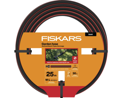 Furtun de grădină Fiskars, lungime 25 metri, cu recomandare privind dimensiunea grădinii