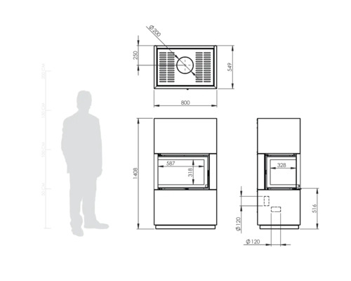 Desen tehnic al unui șemineu cu dimensiuni