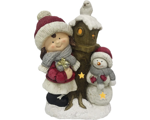Figurină decorativă cu fetiță, om de zăpadă și căsuță de păsări ca decorațiune de Crăciun