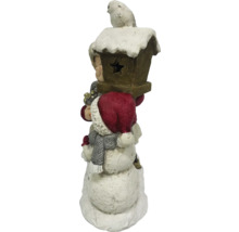 Figurină decorativă om de zăpadă cu căsuță de păsări și pasăre