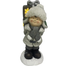 Figurină decorativă băiat cu cadou și iluminare LED