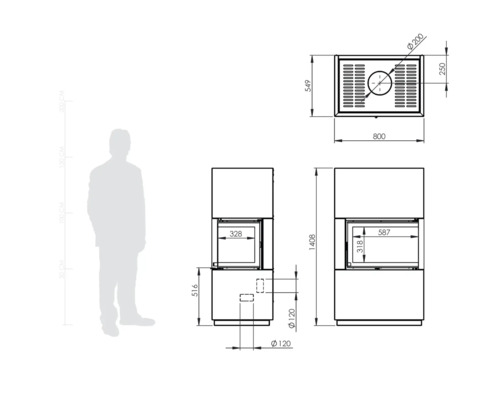 Desen tehnic al unui șemineu cu dimensiuni