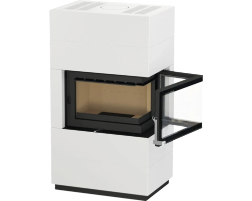 Șemineu pe lemne alb cu ușa deschisă