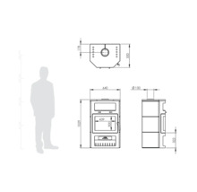 Desen tehnic al unui cuptor cu vederi din față, laterală și de sus, inclusiv dimensiuni