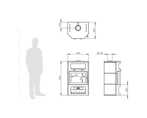Desen tehnic al unui cuptor cu vederi din față, laterală și de sus, inclusiv dimensiuni