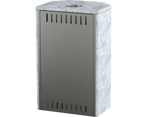 Sobă de saună cu placaj de piatră și elemente metalice