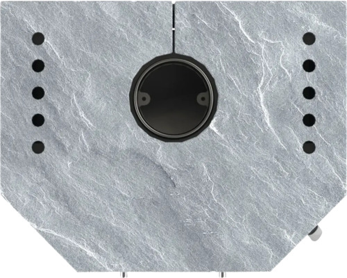 Vedere detaliată a unei cădițe de duș din piatră cu scurgere și orificii