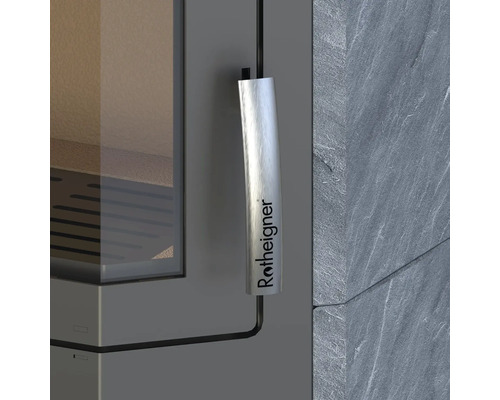 Prim-plan cu o sobă cu mâner și logo-ul producătorului Rotheigner