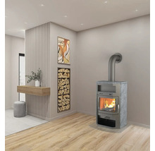 Cameră de zi cu sobă, suport pentru lemne și decorațiuni de perete