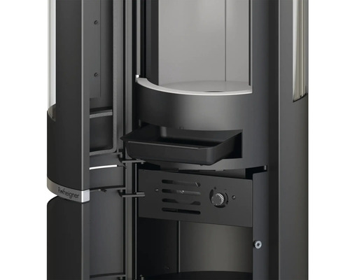 Imagine detaliată a unui șemineu cu cameră de ardere, cenușar și elemente de control