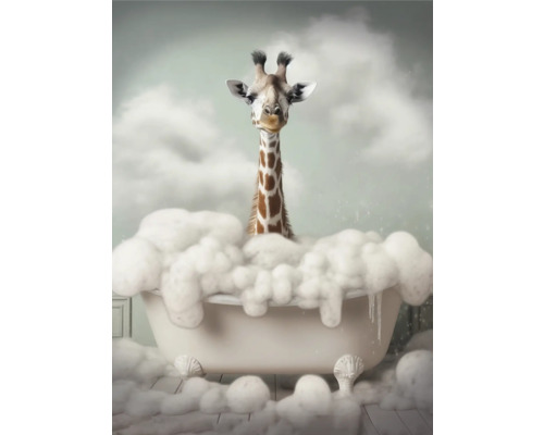 Ilustrație cu o girafă într-o cadă plină cu spumă