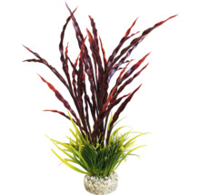 Plantă decorativă de acvariu cu elemente roșii și verzi într-un pat de pietriș