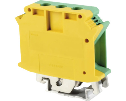 Bornă de conectare galbenă și verde pentru conexiuni electrice.