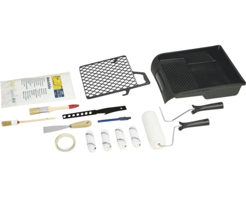 Găleată cu vopsea, role de vopsea, folie de protecție, pensule și alte accesorii de vopsit într-un singur set