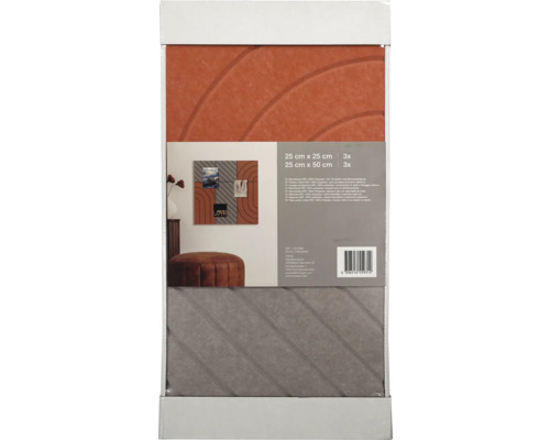Unitate de ambalare cu șase plăci memo, trei de 25 x 25 centimetri și trei de 25 x 50 centimetri.