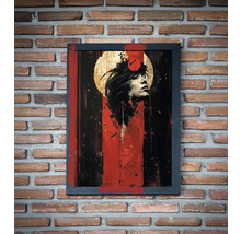 Portret înrămat al unei femei în stil grafic ca decor de perete pe un zid de cărămidă