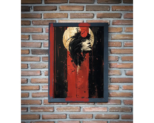 Portret înrămat al unei femei în stil grafic ca decor de perete pe un zid de cărămidă