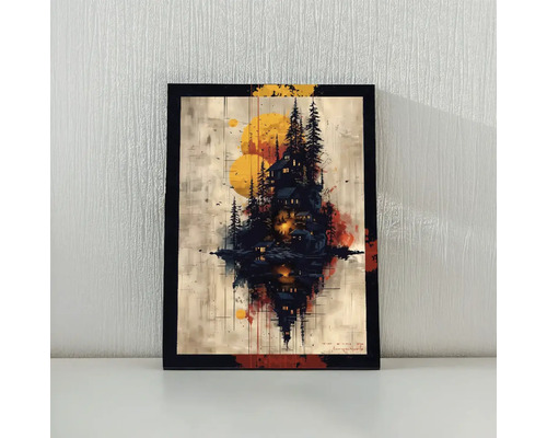 Imagine înrămată cu o ilustrație a unei case pe un deal cu copaci