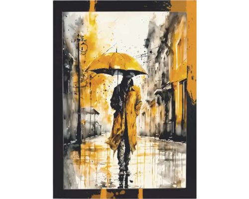 Pictură a unei persoane cu o umbrelă într-un oraș