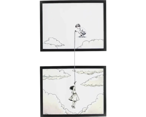 Imagine decorativă de perete cu un desen în creion a doi copii legați printr-o frânghie, înrămată