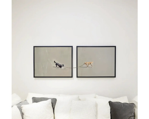 Două imagini cu câini înrămate deasupra unei canapele