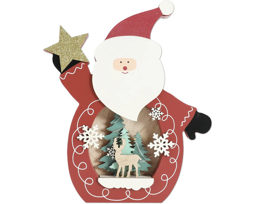 Figurină decorativă Moș Crăciun din lemn cu stea, copaci și cerb