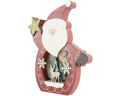 Figurină decorativă din lemn Moș Crăciun cu stea, brad și cerb