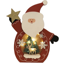 Decorațiune de Crăciun din lemn cu motiv Moș Crăciun, brazi, cerb și iluminare