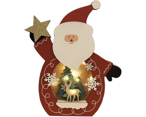 Decorațiune de Crăciun din lemn cu motiv Moș Crăciun, brazi, cerb și iluminare