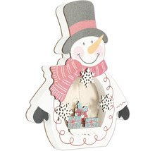 Om de zăpadă decorativ din lemn cu iluminare și cutii de cadouri