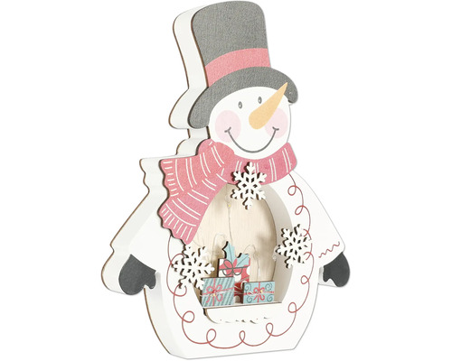 Om de zăpadă decorativ din lemn cu iluminare și cutii de cadouri