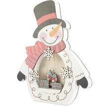 Figurină decorativă om de zăpadă din lemn cu iluminare LED și motive cu cadouri