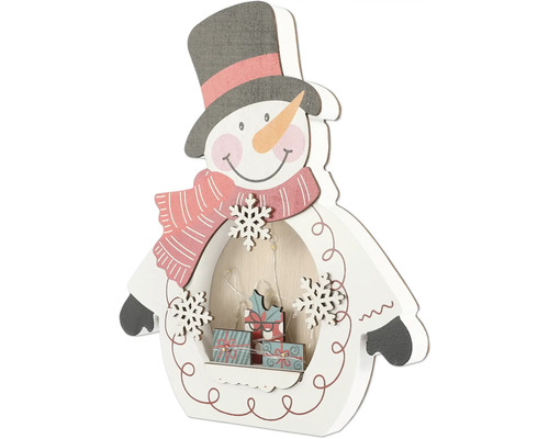 Figurină decorativă om de zăpadă din lemn cu iluminare LED și motive cu cadouri