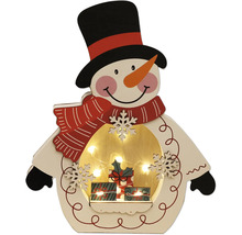 Om de zăpadă decorativ din lemn cu iluminare și cutii de cadouri