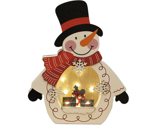 Om de zăpadă decorativ din lemn cu iluminare și cutii de cadouri