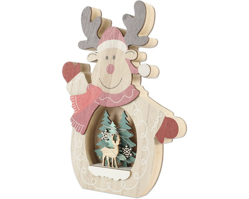 Reni decorativ din lemn cu brazi și iluminare