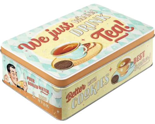 Cutie de ceai cu design retro și motive cu ceai și biscuiți