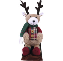 Sanie decorativă ren cu țesătură, cu coarne și fular ca decorațiune de Crăciun