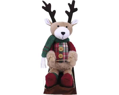 Sanie decorativă ren cu țesătură, cu coarne și fular ca decorațiune de Crăciun