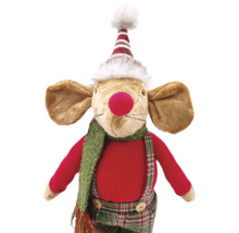 Șoarece decorativ din material textil cu căciulă și fular ca decorațiune de Crăciun