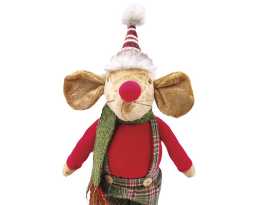 Șoarece decorativ din material textil cu căciulă și fular ca decorațiune de Crăciun