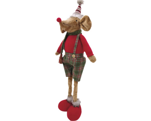 Șoarece decorativ din material textil cu pantaloni în carouri, pulover roșu, eșarfă și căciulă