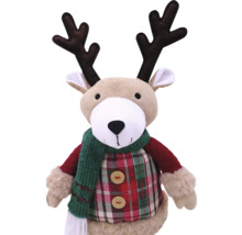 Figurină ren din pluș cu eșarfă și bluză în carouri ca decorațiune
