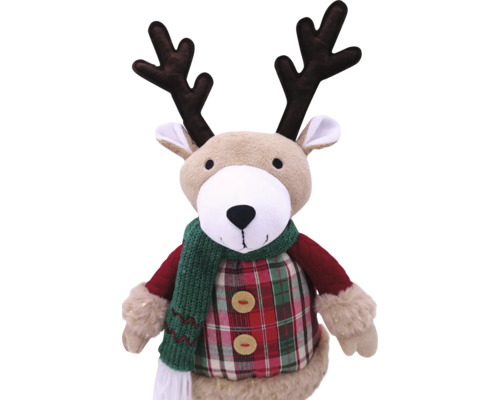 Figurină ren din pluș cu eșarfă și bluză în carouri ca decorațiune