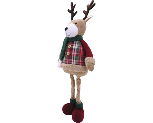 Elan decorativ de pluș, în picioare, cu eșarfă și cămașă în carouri, ca decorațiune de Crăciun