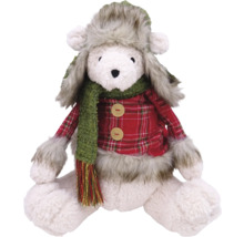 Urs de pluș cu căciulă, fular și cămașă în carouri